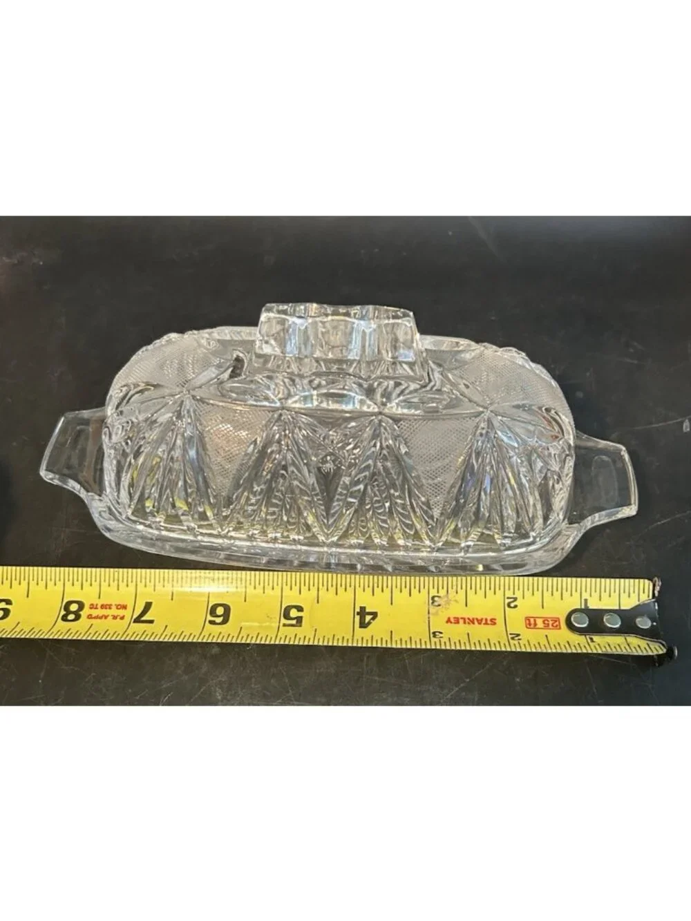 Vintage Cut Crystal Covered Butter Dish Handled Fan Diamond Star Design